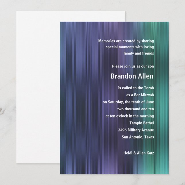 Convites Bar Mitzvah Purple Green Blue Stripes (Frente/Verso)