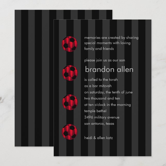 Convites Bar Mitzvah Red e Black Soccer Ball (Frente/Verso)