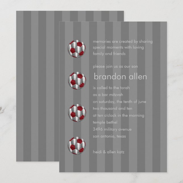 Convites Bar Mitzvah Red e Silver Soccer Ball (Frente/Verso)