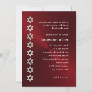 Convites Bar Mitzvah Red Sheen Silver Stars de David