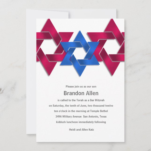 Convites Bar Mitzvah Red White Blue Star (Frente)