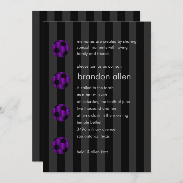 Convites Bar Mitzvah Roxo e Bola Negra de Futebol (Frente/Verso)
