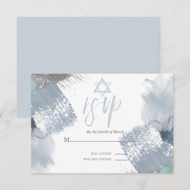 Convites Bar Mitzvah RSVP Dusty Blue Chic Brushstrokes (Frente/Verso)