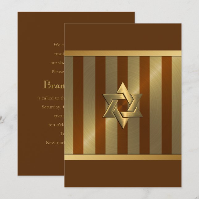 Convites Bar Mitzvah Rust Dourada Stripe Star de David (Frente/Verso)