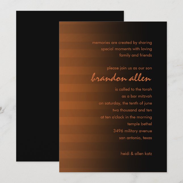 Convites Bar Mitzvah Rust e Black Horizontal Stripes (Frente/Verso)