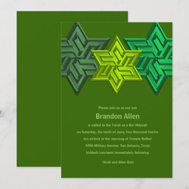 Convites Bar Mitzvah Shades of Green, Estrela de David (Frente/Verso)