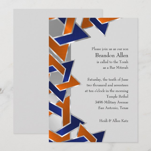 Convites Bar Mitzvah Silver Blue Orange Star (Frente/Verso)