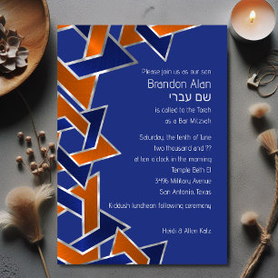 Convites Bar Mitzvah Silver Blue Orange Star