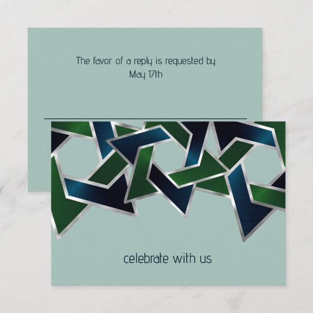 Convites Bar Mitzvah Silver Marinho Estrela Verde Azul de D (Frente/Verso)