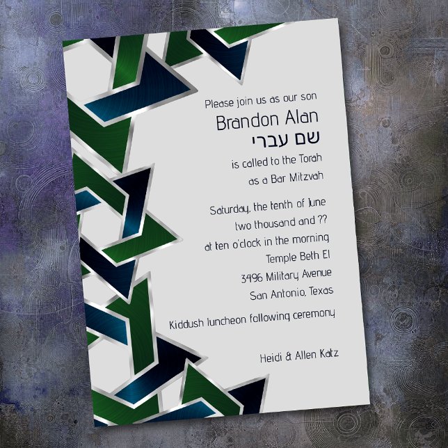 Convites Bar Mitzvah Silver Marinho Estrela Verde Azul de D (Criador carregado)
