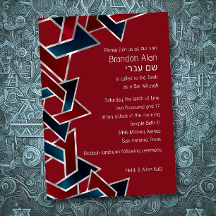 Convites Bar Mitzvah Silver Marinho Estrela Vermelha Azul d