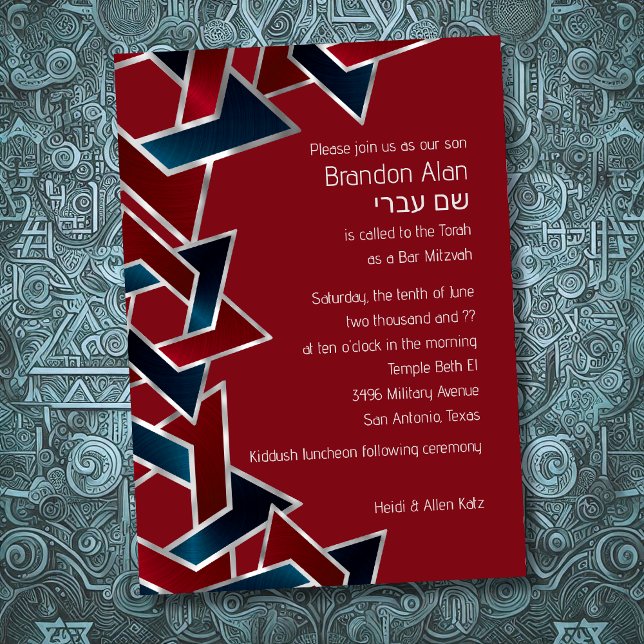 Convites Bar Mitzvah Silver Marinho Estrela Vermelha Azul d (Criador carregado)