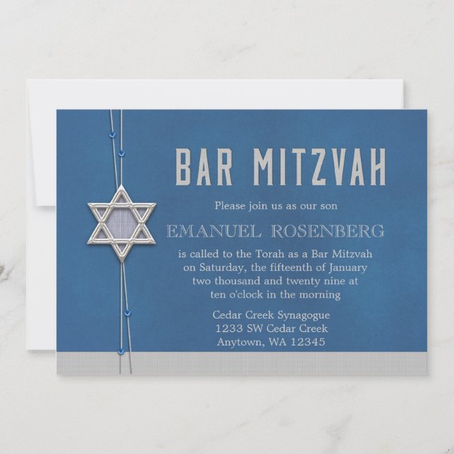 Convites Bar Mitzvah Silver Star Miçangas azuis (Frente)