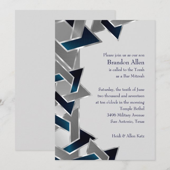 Convites Bar Mitzvah Silver Teal Blue Cinza Estrela de Davi (Frente/Verso)