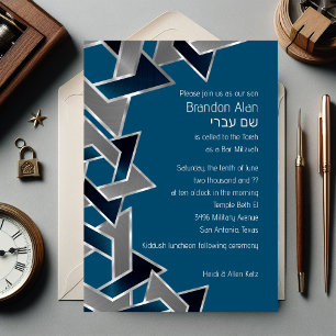 Convites Bar Mitzvah Silver Teal Blue Cinza Estrela de Davi