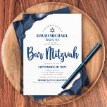 Convites Bar Mitzvah Simple Modern Marinho Blue Agate Scrip<br><div class="desc">Tenha orgulho, alegria e mostre este marco do seu Bar favorito Mitzvah! Enviar este convite legal, único, moderno e personalizado para um evento que se lembre. Tipografia do script azul-marinho e Estrela de David sobrepõe um fundo branco simples e simples com o agato azul de aço acentuado com veias falso...</div>
