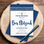 Convites Bar Mitzvah Simple Modern Tallit Marinho Blue Scri<br><div class="desc">Tenha orgulho, alegria e mostre este marco do seu Bar favorito Mitzvah! Enviar este convite legal, único, moderno e personalizado para um evento que se lembre. A tipografia de escrita azul-marinho, estrela de David e um talento gráfico listrado azul-marinho e prateado inspiraram uma camada gráfica simples e branca. Personalize o...</div>