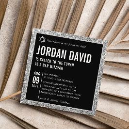 Convites BAR MITZVAH simples brilho preto-prata moderno