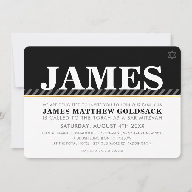 Convites BAR MITZVAH SIMPLES estrela judaica moderna preto  (Frente)