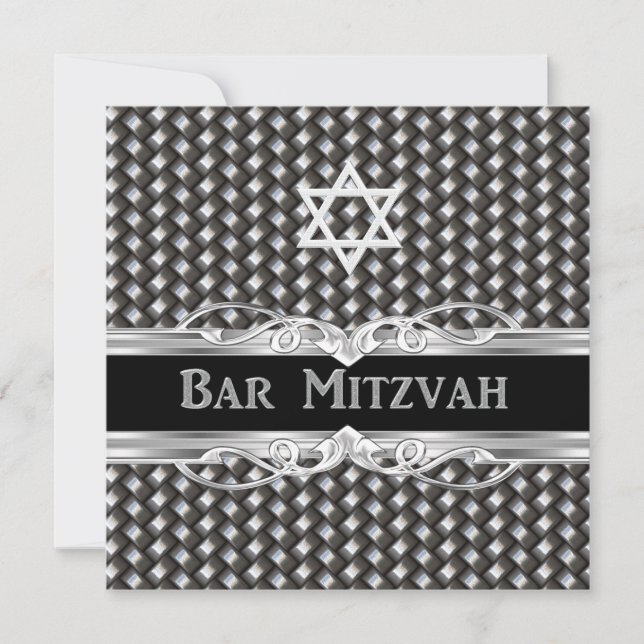 Convites Bar Mitzvah Star Black Silver Boy de metal (Frente)