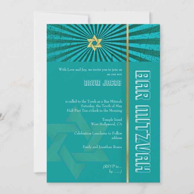 Convites Bar Mitzvah/teal/ouro (Frente)