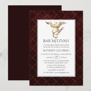 Convites Bar Mitzvah temático de Dragão Dourado e Borgonha