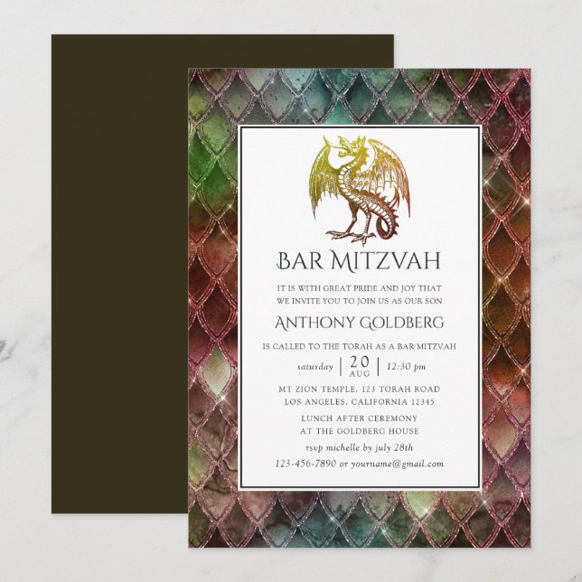 Convites Bar Mitzvah temático Faux Glitter Dragon (Frente/Verso)