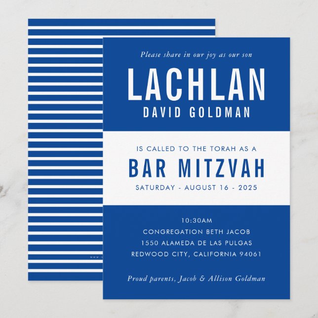 Convites BAR MITZVAH típico mínimo moderno branco azul (Frente/Verso)