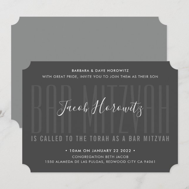 Convites BAR MITZVAH tipo camada moderna rapaz cinza escura (Frente/Verso)