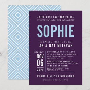 Convites BAR MITZVAH tipo de bloco moderno bergplante azul 