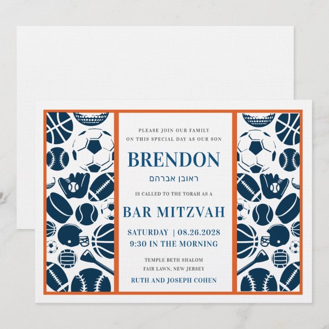 Convites Bar Mitzvah Todos os Tema Esportivo Bar Mitzvah co (Frente/Verso)