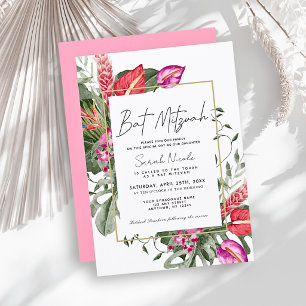 Convites Bar Mitzvah Tropical Floral Rosa e Vermelho