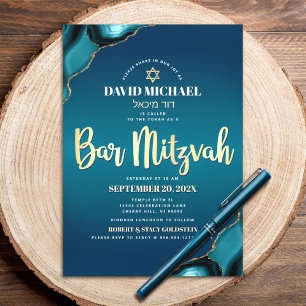 Convites Bar Mitzvah Turquesa Ombre Ágata Dourado Script Ne
