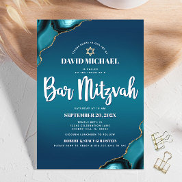 Convites Bar Mitzvah Turquesa Ombre Ágata Moderno Script