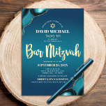 Convites Bar Mitzvah Turquoise Agate Dourado Script Bold<br><div class="desc">Tenha orgulho, alegria e mostre este marco do seu Bar favorito Mitzvah! Envie este convite legal, único, moderno, personalizado, com nome hebraico para um evento que se lembre. Tipografia de folha de ouro falsa, tipografia de sans serif branca, e uma estrela de ouro falsa de David sobrepõem um fundo azul-azul-turquesa...</div>