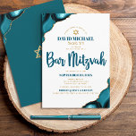 Convites Bar Mitzvah Turquoise Agate Script Hebraico<br><div class="desc">Tenha orgulho, alegria e mostre este marco do seu Bar favorito Mitzvah! Envie este convite legal, único, moderno, personalizado, com nome hebraico para um evento que se lembre. Tipografia do roteiro azul-escuro e estrela dourada-falsa de David sobrepõe um fundo branco simples e limpo com azul-turquesa acentuado com veias douradas falsas....</div>