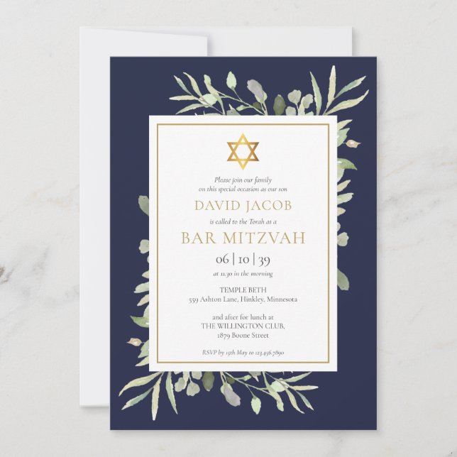 Convites Bar Mitzvah Verde Água Azul-Marinho (Frente)