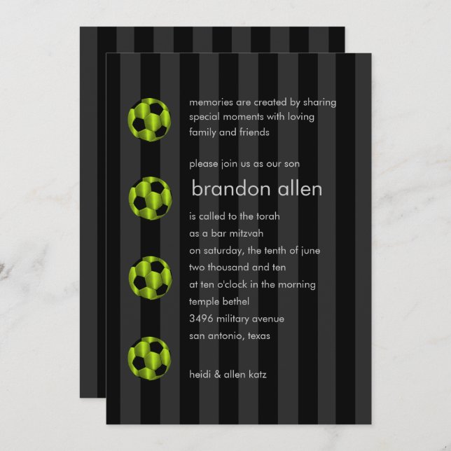 Convites Bar Mitzvah Verde limão e bola de futebol preto (Frente/Verso)