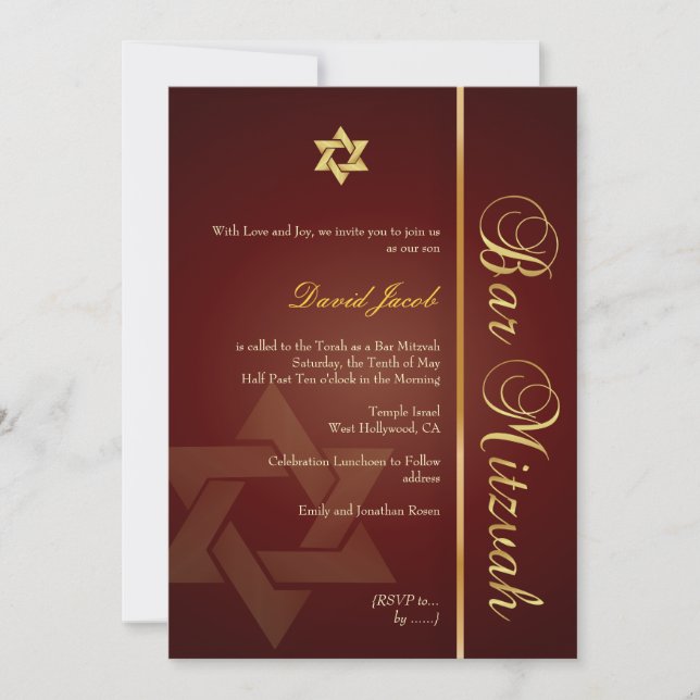 Convites Bar Mitzvah/vermelho carmesim/ouro (Frente)