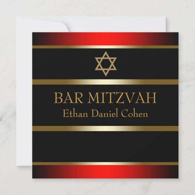 Convites Bar Mitzvah Vermelho Preto Dourado (Frente)