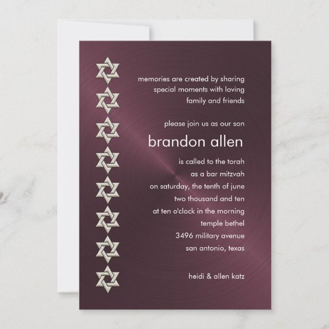 Convites Bar Mitzvah Wine Sheen Silver Stars of David (Frente)