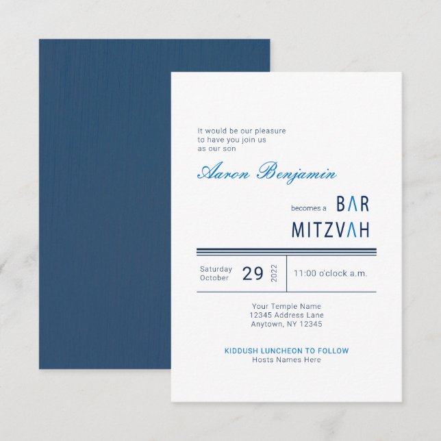 Convites Bar Moderno Azul Elegante Mitzvah (Frente/Verso)