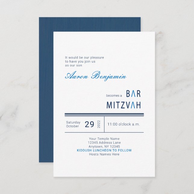 Convites Bar Moderno Azul Mitzvah (Frente/Verso)