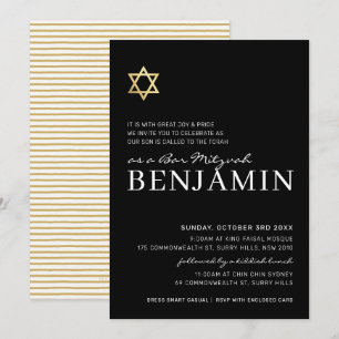 Convites Bar moderno da STAR Dourada Mitzvah branco preto m