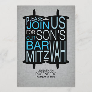 Convites Bar Moderno de Torah Mitzvah Invoca Cinza e Azul