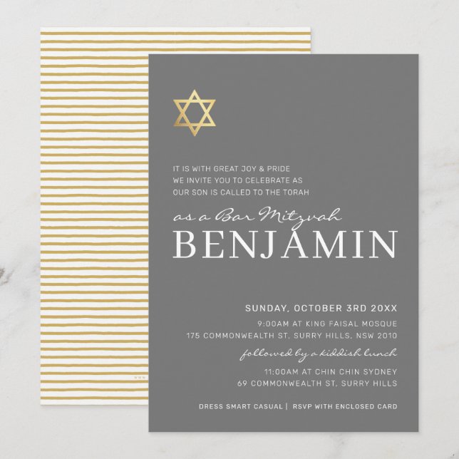 Convites Bar moderno Dourado STAR Mitzvah, branco mínimo de (Frente/Verso)