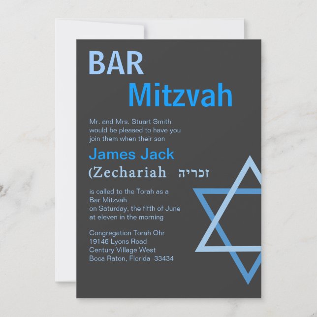 Convites Bar moderno Mitzvah Invitiation com nome hebreu (Frente)
