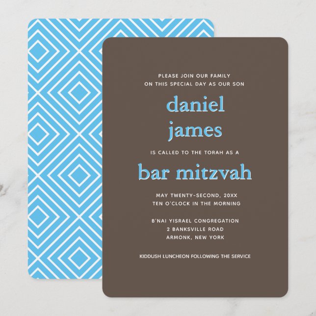 Convites Bar moderno Mitzvah Typografia Azul (Frente/Verso)