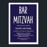 Convites Bar moderno simples Mitzvah da tipografia dos<br><div class="desc">Este convite simples contudo à moda de Mitzvah do bar caracteriza um fundo dos azuis marinhos com uma beira branca,  e a tipografia branca moderna.</div>