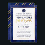 Convites BAR MONOGRAMA MITZVAH azul escuro ouro aquarela<br><div class="desc">pelo kat massard >> kat@simplysweetPAPERIE.com <<< design de convite de tendência para o BAR do seu filho MITZVAH Setup como modelo, é simples você adicionar seus próprios detalhes ou clicar no botão personalizar e você pode adicionar ou alterar texto, fontes, tamanhos etc. DICA: 1. Para alterar/mover gráficos / alterar a...</div>